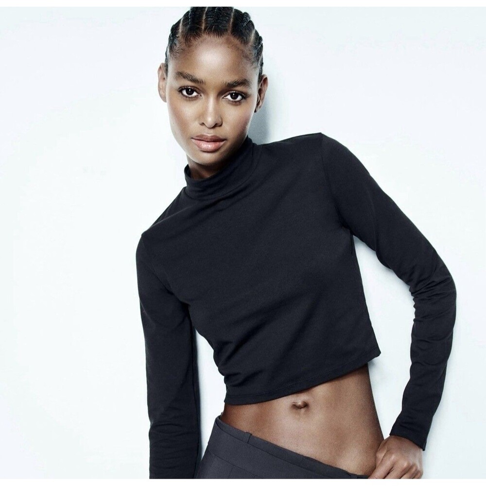 Zara Women's Long Sleeve Cropped Turtleneck Top Sz S Charcoal Gray Cotton Basics